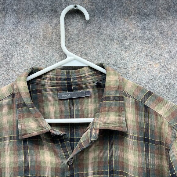 Vince Shirt Mens Large Olive Green Button Down Madras Plaid Cotton Classic - Picture 6 of 11